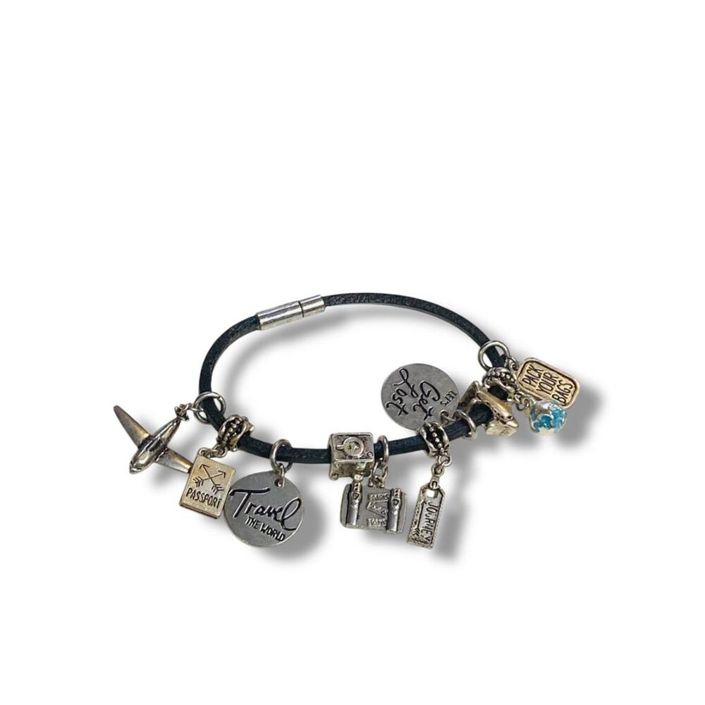 Travel Theme 10 Charm Bracelet 8" Black Leather‎ Cord Silvertone